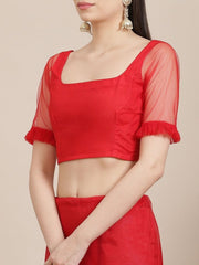 Red Net Embroidered Ruffled Saree - Inddus.com