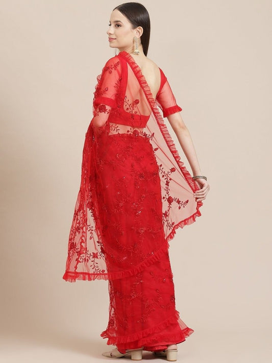 Red Net Embroidered Ruffled Saree - Inddus.com