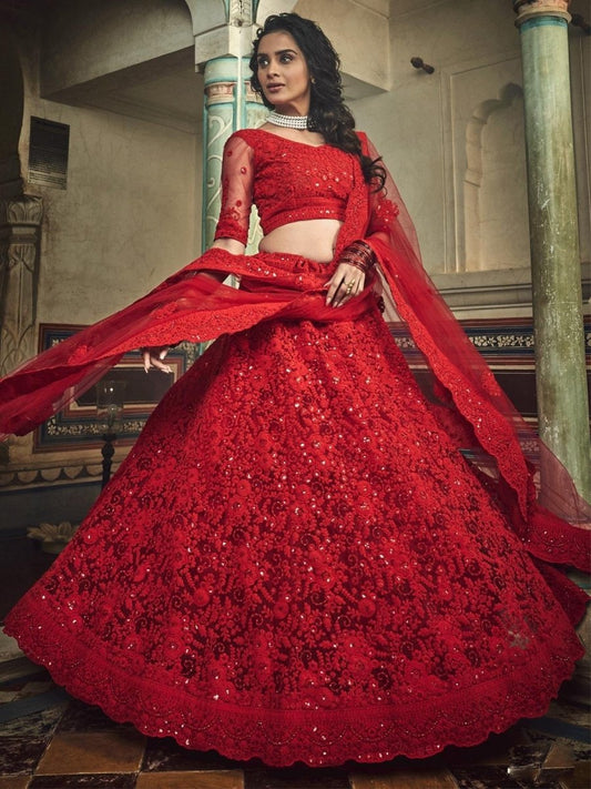 Red Net Embroidered Wedding Lehenga Choli - inddus-us