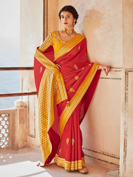 Shop Red Chiffon Embellished Border Saree Party Wear Online at Best Price |  Cbazaar