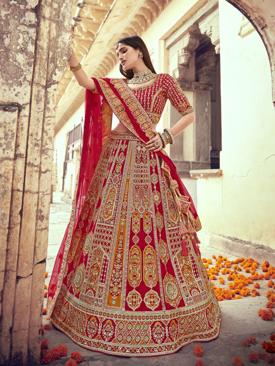 Red Silk Festive Lehenga Choli - Inddus.com