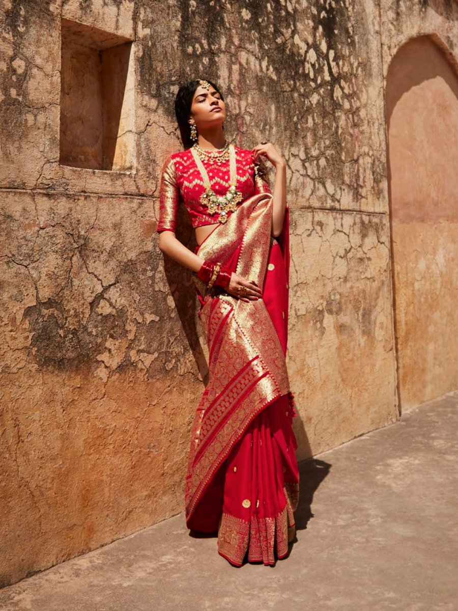 Red Silk festive wear Saree - Inddus.com