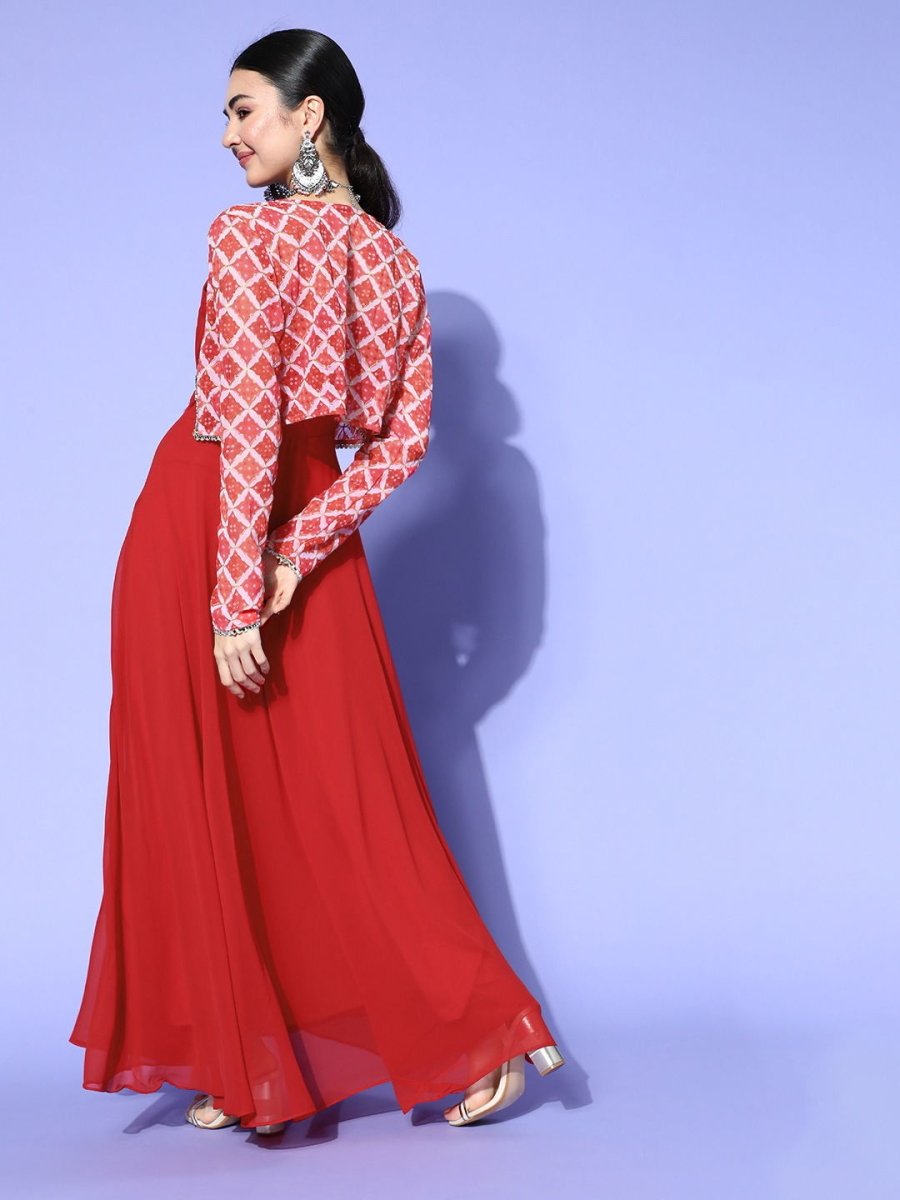 Red Solid Gown with Embroidered Jacket - Inddus.com