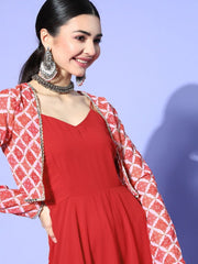 Red Solid Gown with Embroidered Jacket - Inddus.com