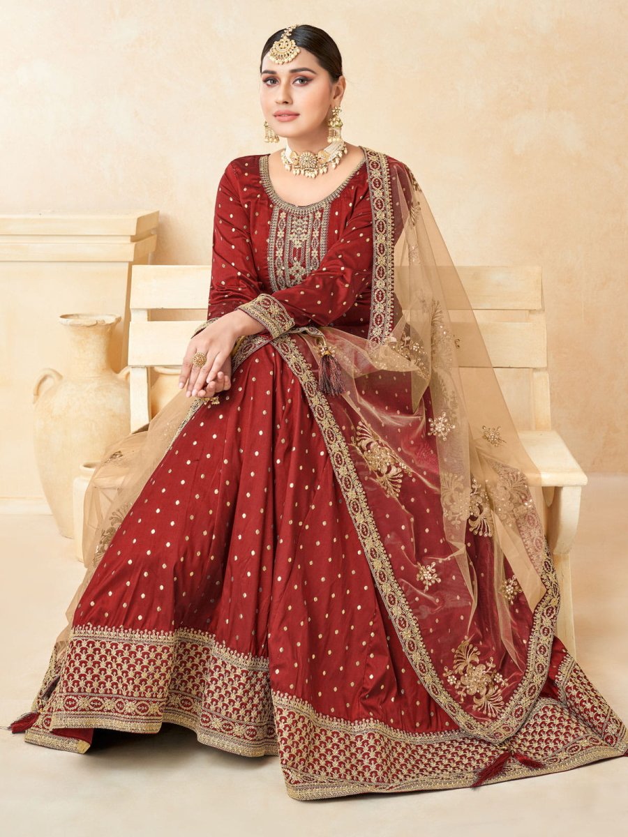 Red Tafeta Butti Festive-Wear Anarkali Suit - Inddus.com