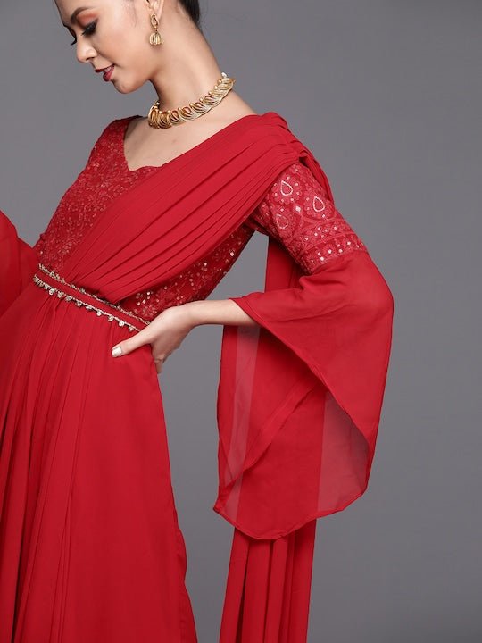 Red Yoke Embroidered Flared Gown with Attached Dupatta and Sequinned Belt - Inddus.com