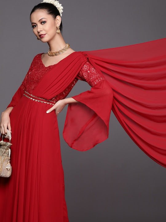 Red Yoke Embroidered Flared Gown with Attached Dupatta and Sequinned Belt - Inddus.com