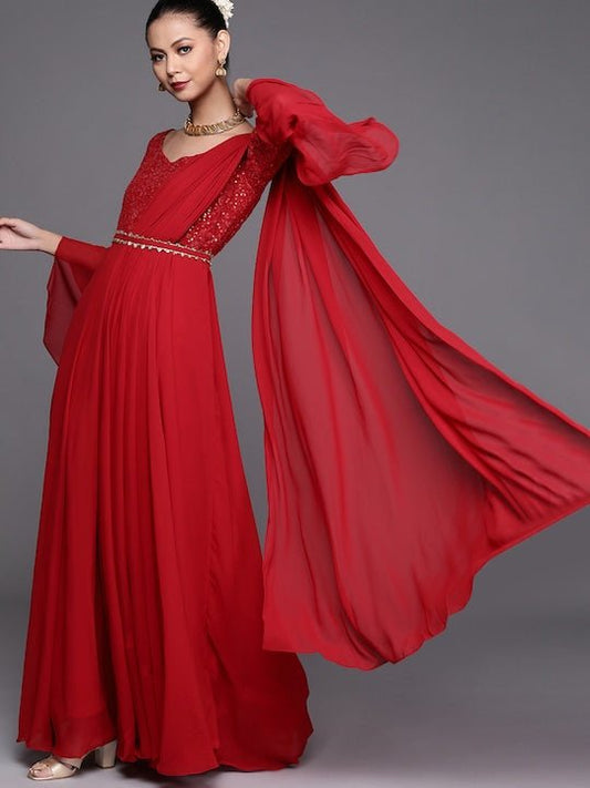 Red Yoke Embroidered Flared Gown with Attached Dupatta and Sequinned Belt - Inddus.com