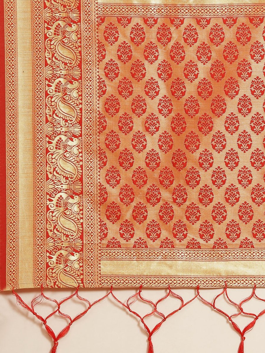 Red Zari Woven Banarasi Saree - Inddus.com