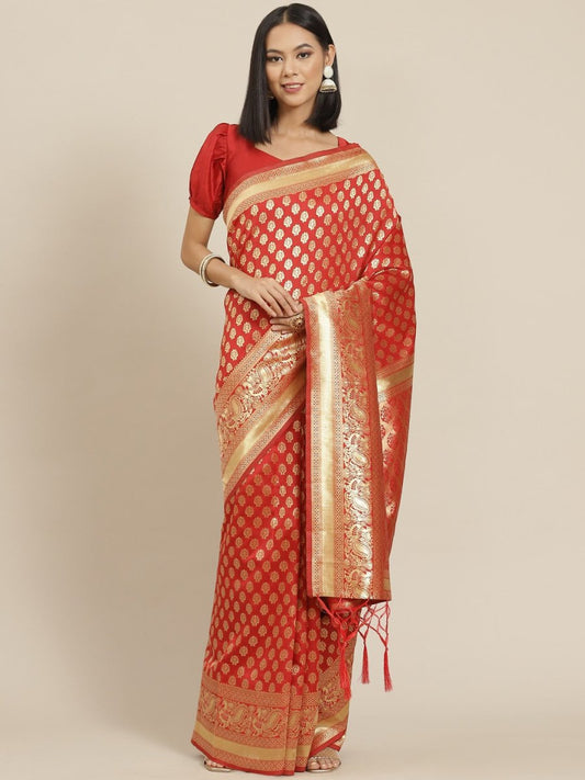 Red Zari Woven Banarasi Saree - Inddus.com