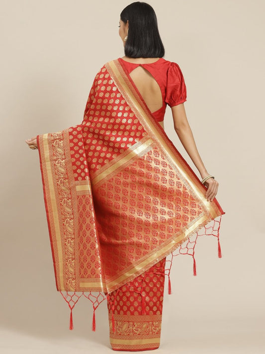 Red Zari Woven Banarasi Saree - Inddus.com