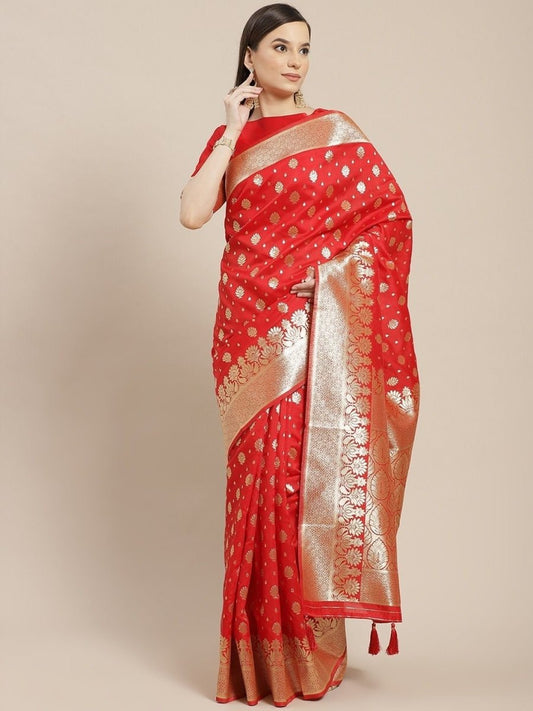 Red Zari Woven Saree - inddus-us