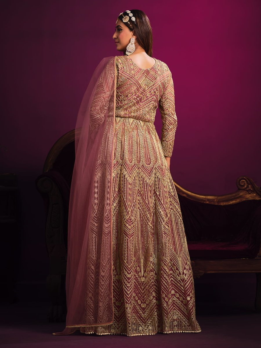 Redefined Pink Net Embroidered Partywear Gown - Inddus.com