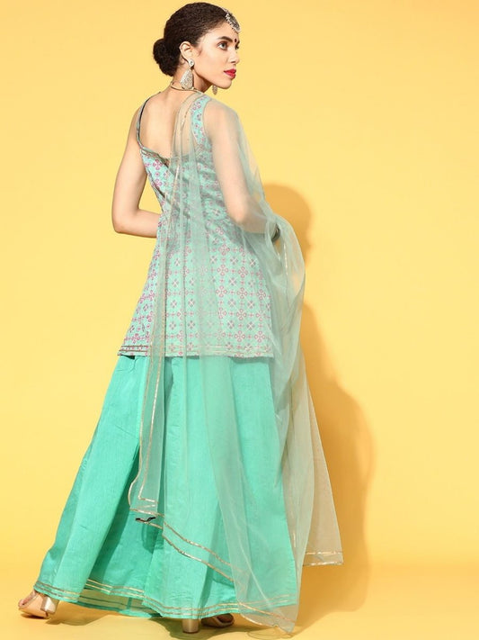 redefined sea green silk blend woven design kurta set