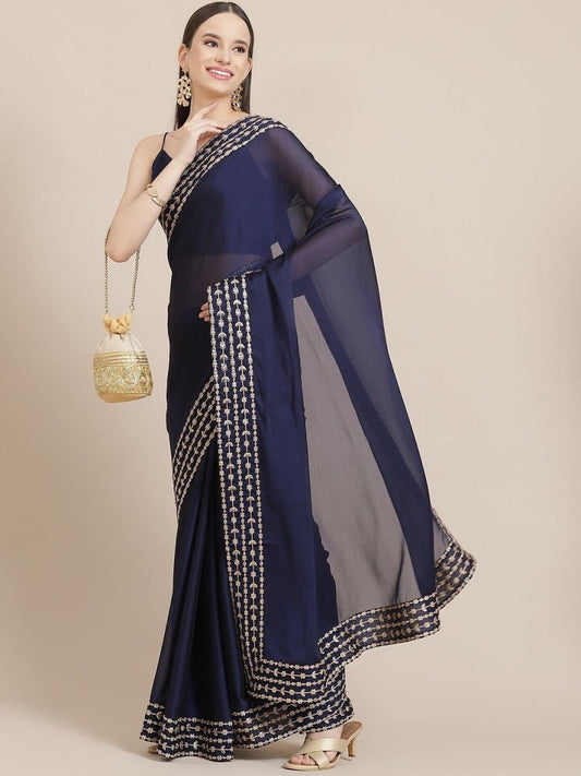 Royal Blue Sequinned Embroidered Saree - Inddus.com