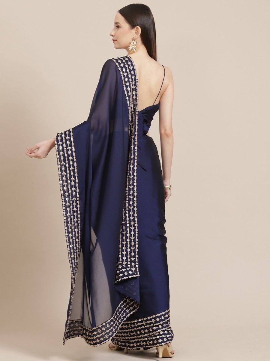 Royal Blue Sequinned Embroidered Saree - Inddus.com