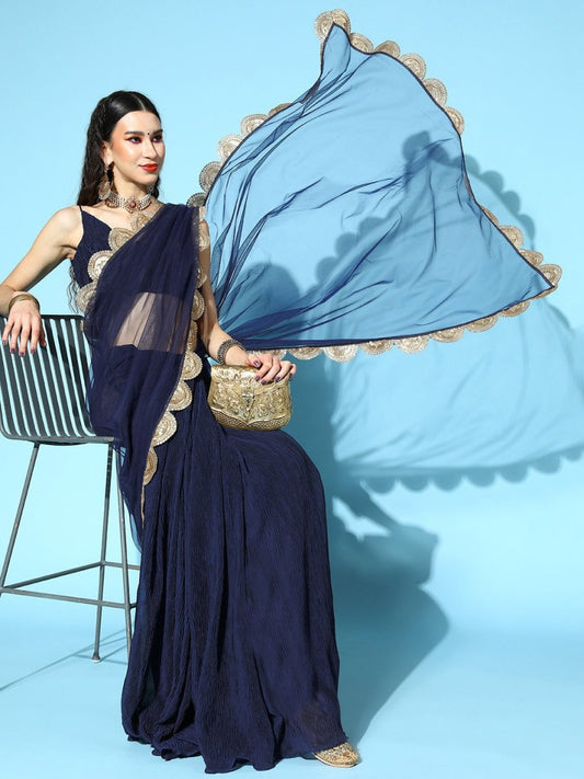 Royale Blue Pleated Half and Half Saree with Sequins Scalloped Border - Inddus.com