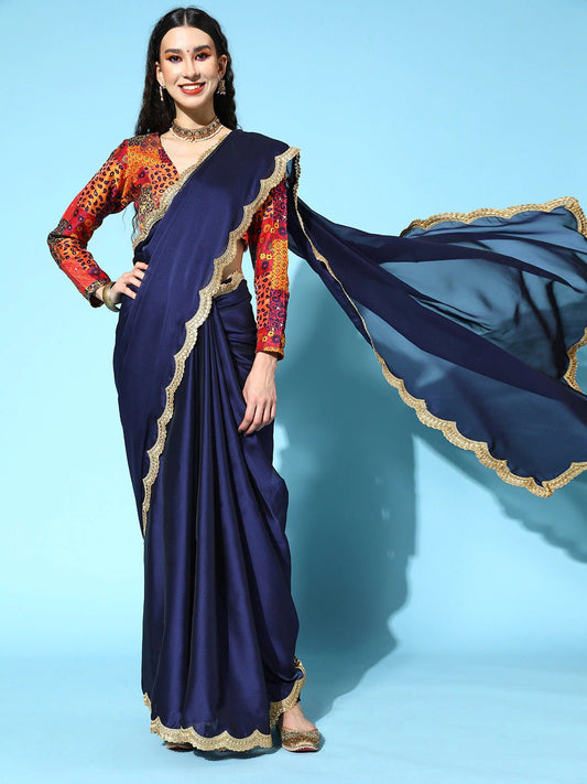 Royale Blue Solid Saree with Brocade Blouse Piece - Inddus.com