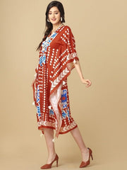 Rust & Blue Abstract Printed Kaftan Kurta With Tassel Details - Inddus.com