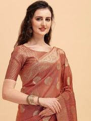 Rust Brown & Golden Ethnic Motifs Zari Jashn Saree - Inddus.com