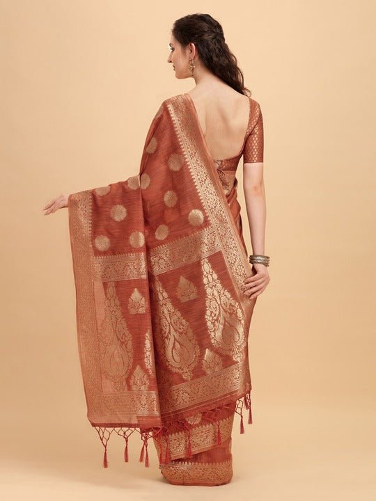 Rust Brown & Golden Ethnic Motifs Zari Jashn Saree - Inddus.com