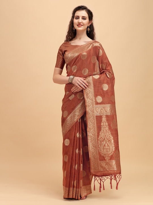 Rust Brown & Golden Ethnic Motifs Zari Jashn Saree - Inddus.com