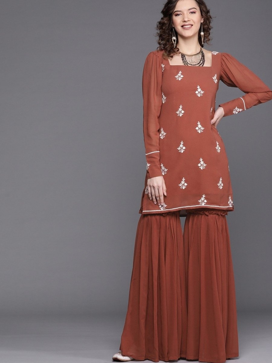 Rust Embroidered Kurta with Sharara - Inddus.com