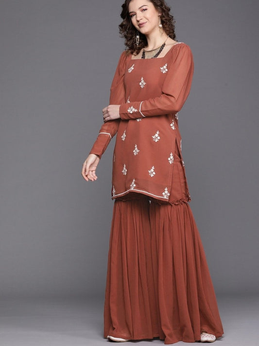 Rust Embroidered Kurta with Sharara - Inddus.com