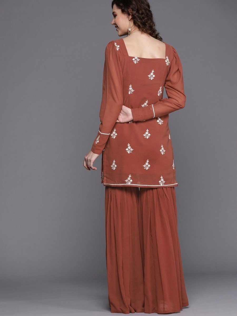 Rust Embroidered Kurta with Sharara - Inddus.com