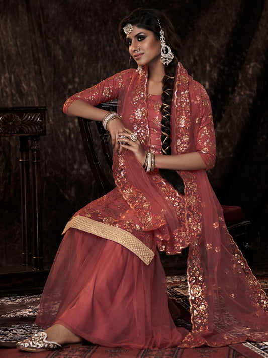 Rust Net Embroidered Sharara-Style-Suit - Inddus.com