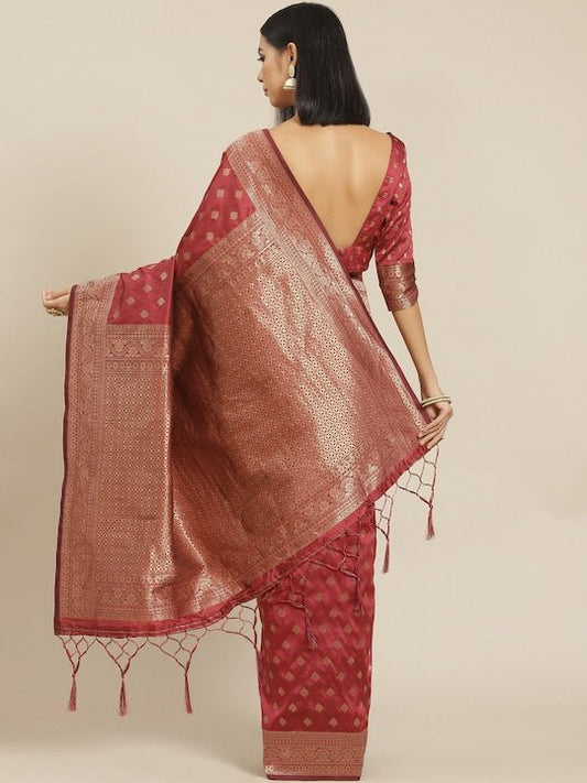 Rust Red & Golden Ethnic Motifs Woven Design Zari Silk Blend Banarasi Saree