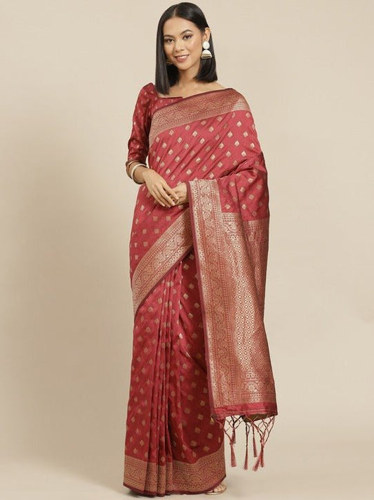 Rust Red & Golden Ethnic Motifs Woven Design Zari Silk Blend Banarasi Saree