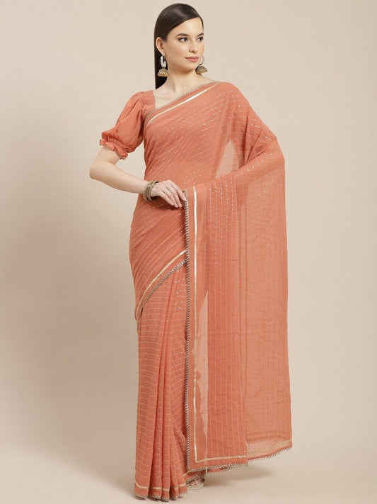 Rust Sequinned Saree - inddus-us