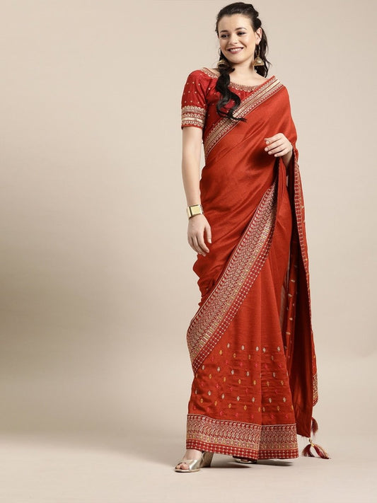 Rust Silk Blend Embroidered Party Wear Embellished Saree - inddus-us