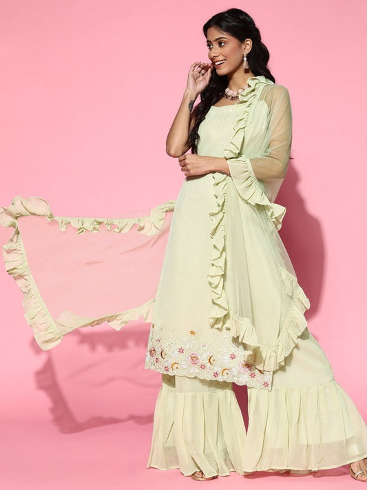 Sage Green Embroidered Kurta with Sharara and Ruffled Dupatta - Inddus.com