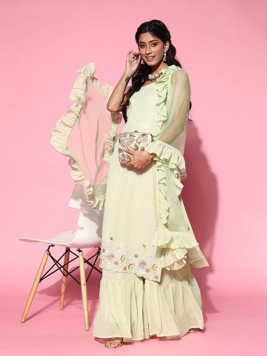 Sage Green Embroidered Kurta with Sharara and Ruffled Dupatta - Inddus.com