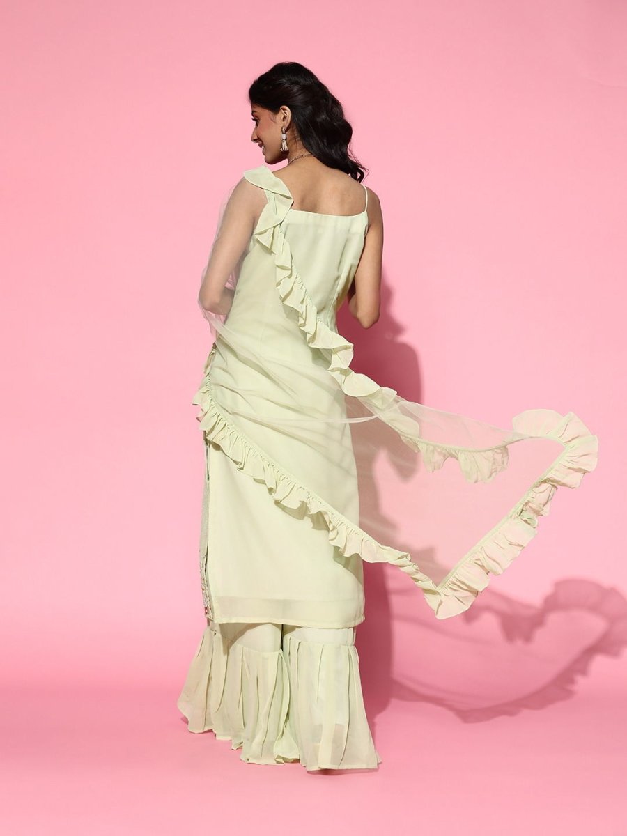 Sage Green Embroidered Kurta with Sharara and Ruffled Dupatta - Inddus.com