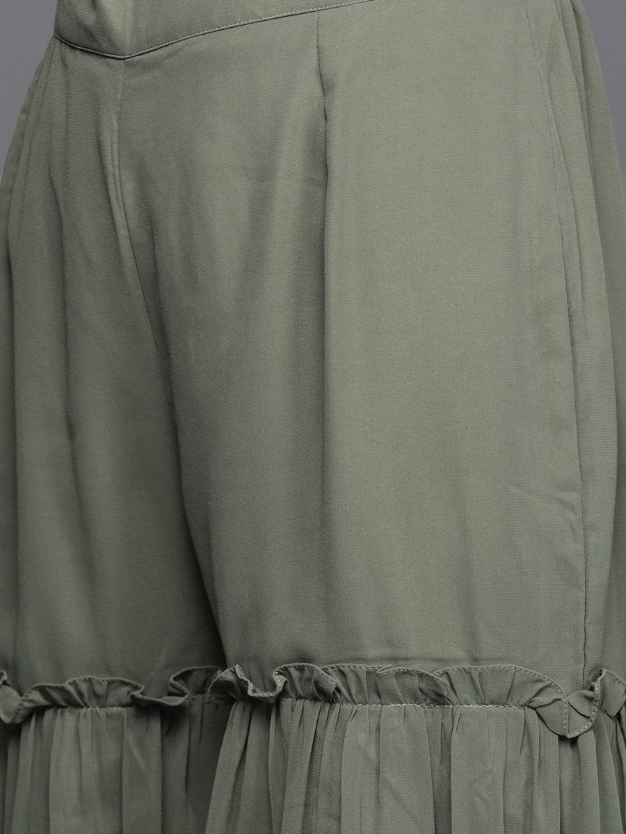 Sage Green Embroidered Kurta with Teired Sharara - inddus-us