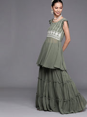 Sage Green Embroidered Kurta with Teired Sharara - inddus-us