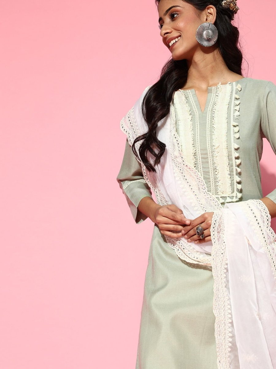 Sage Green Laced Kurta with Palazzo and Embroidered Dupatta - Inddus.com