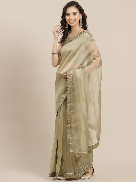 Sage Green Solid Organza Saree - inddus-us