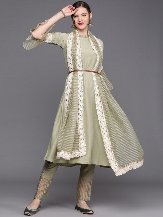 Sage Green Solid Woven Kurta with Pants and Organza Dupatta - Inddus.com