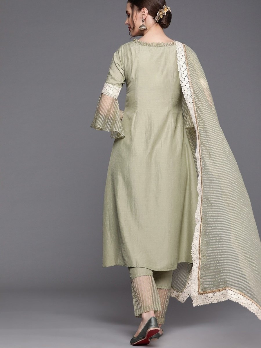 Sage Green Solid Woven Kurta with Pants and Organza Dupatta - Inddus.com