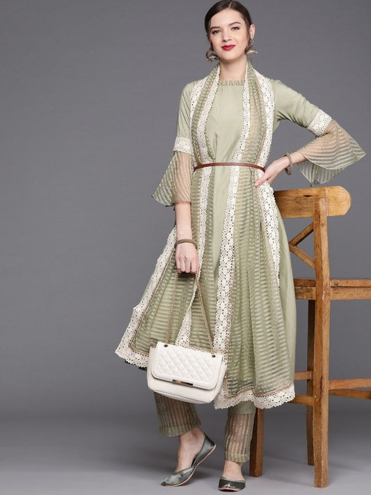 Sage Green Solid Woven Kurta with Pants and Organza Dupatta - Inddus.com