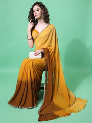 Sangria Mustard Brown Ombre Ruffle Saree - Inddus.com