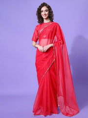 Sangria Pink Silver-Toned Sequined Organza Saree With Blouse Piece - Inddus.com