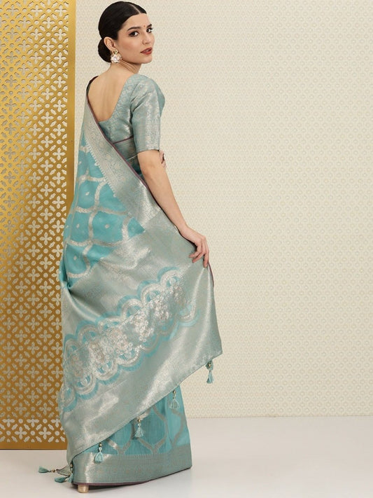 Sea Green and Gold Ethnic Motifs Jaal Zari Woven Saree - Inddus.com