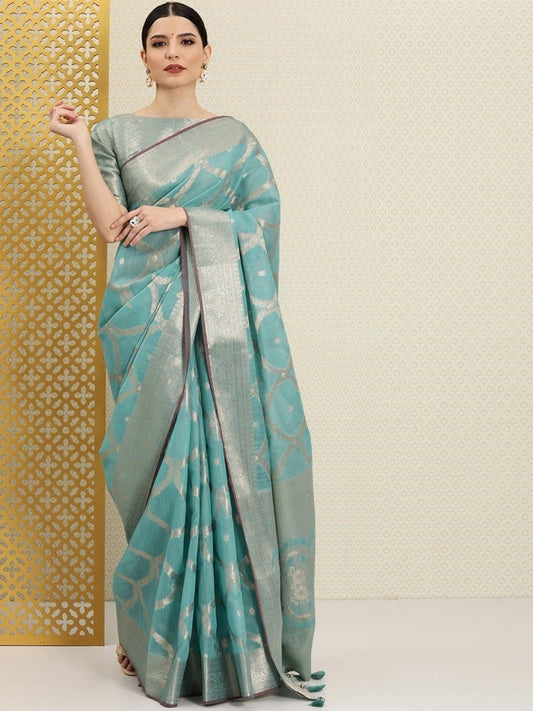 Sea Green and Gold Ethnic Motifs Jaal Zari Woven Saree - Inddus.com