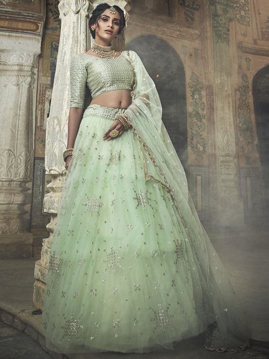 Sea Green Net Embroidered Partywear Lehenga Choli - inddus-us