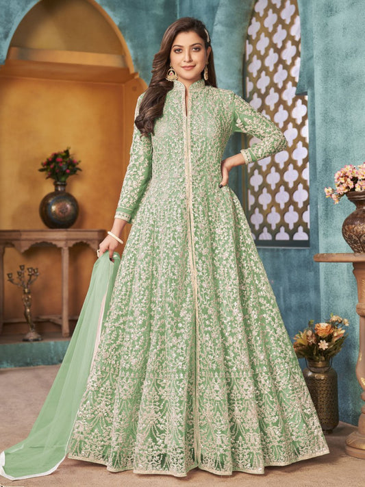 Sea green Net Partywear Anarkali Suit - Inddus.com